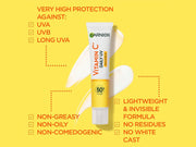 Supplement facts & ingredients image: Garnier UV fluid ingredients label SPF50 plus bottles 3 pack