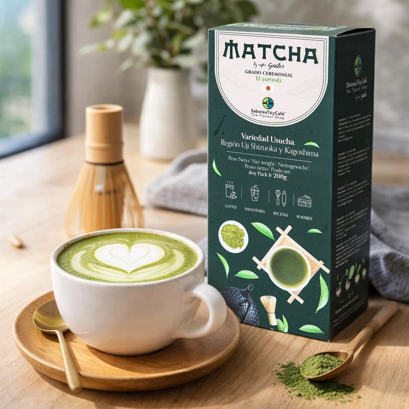Lifestyle Image: Saboreatey Café Guilis ceremonial matcha green tea powder 200g prepared matcha tea bowl lifestyle