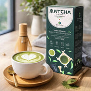 Lifestyle Image: Saboreatey Café Guilis ceremonial matcha green tea powder 200g prepared matcha tea bowl lifestyle