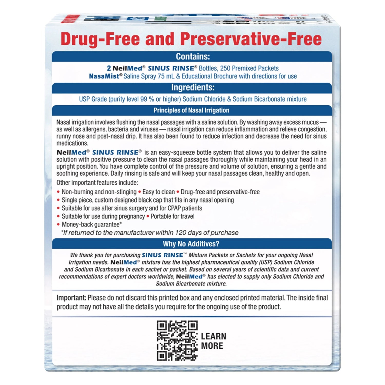 Supplement facts & ingredients image: NeilMed sinus rinse sachets sodium chloride bicarbonate label