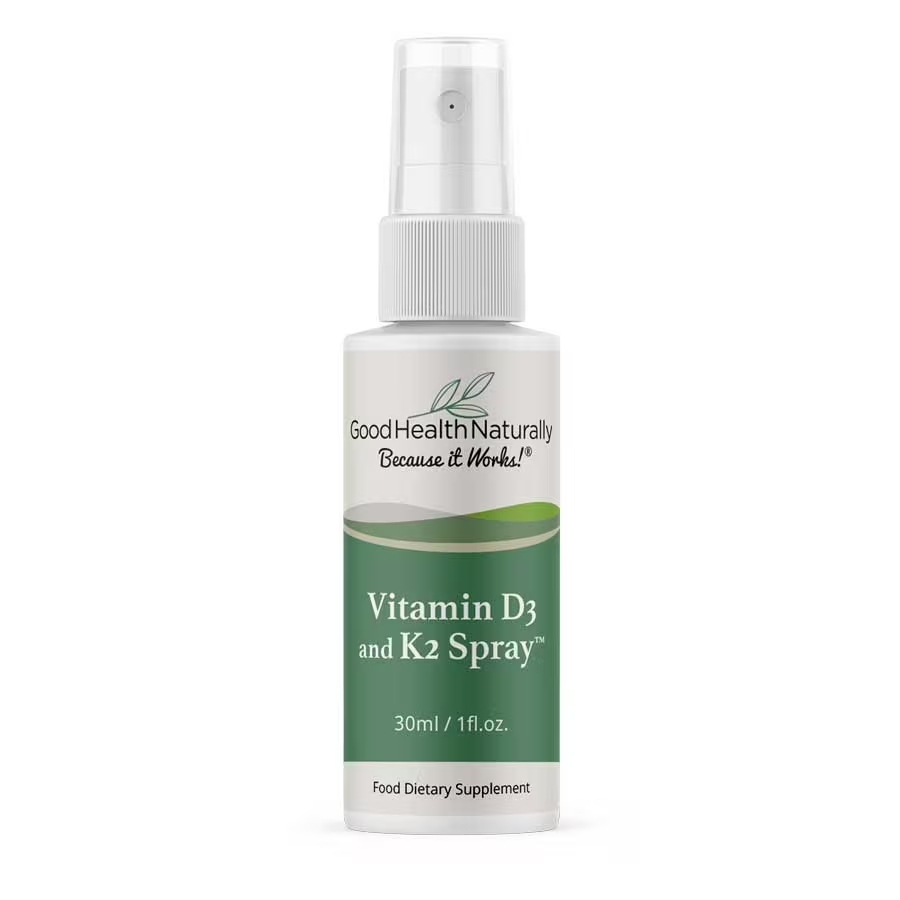 Front image: Good Health Naturally Vitamin D3 and K2 oral spray vegan supplement 30ml bottle