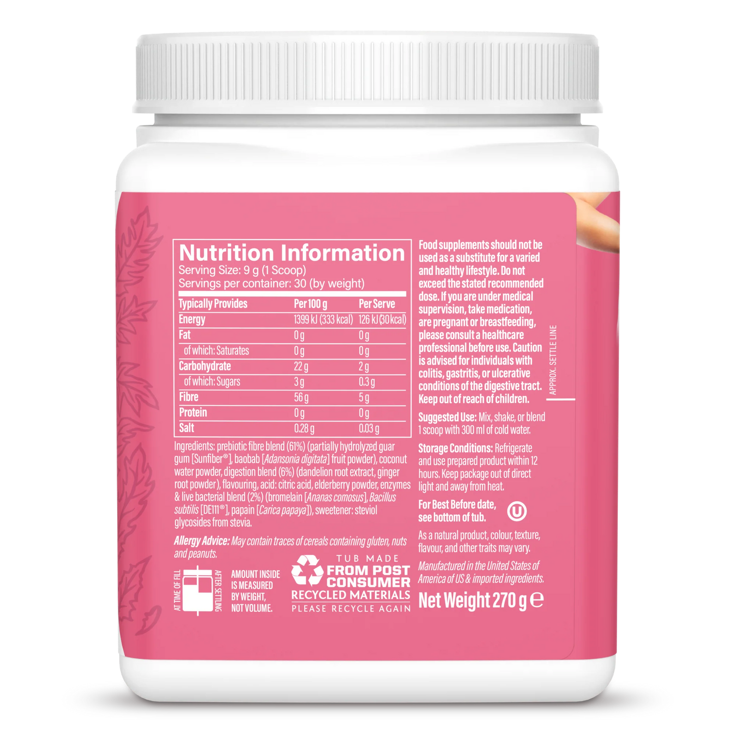 Sunwarrior Shape Digest Well Pineapple Vanilla supplement facts ingredients powder tub 270g