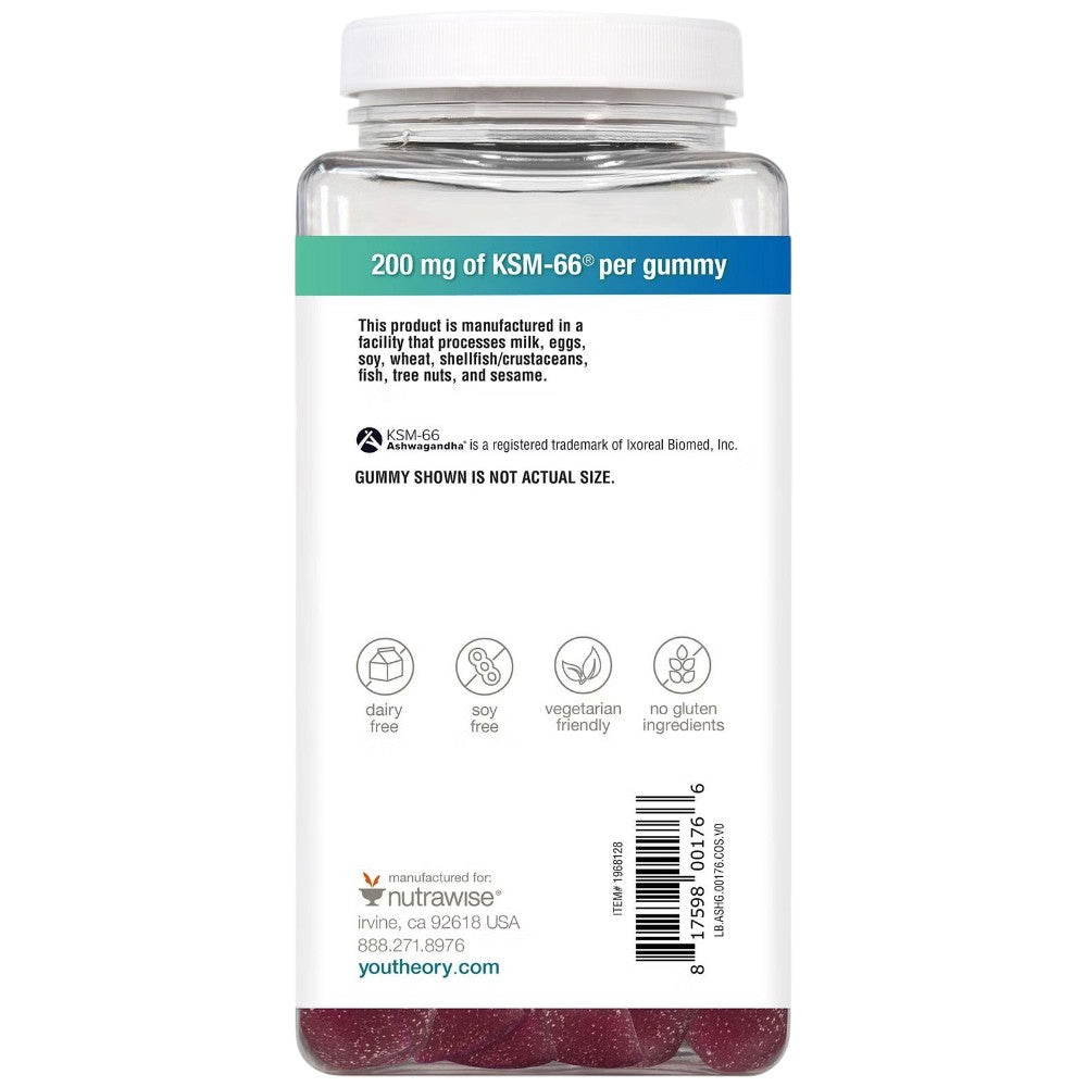 Youtheory Ashwagandha KSM-66 mixed berry flavoured gummies 200mg 180 count bottle product information