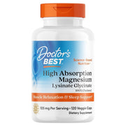 Doctor's Best High Absorption Magnesium Lysinate Glycinate, bottle packaging, no flavour, 105mg, 120 veggie capsules
