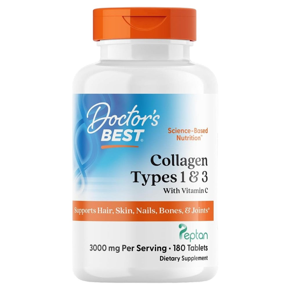 Doctor's Best Collagen Types 1 & 3 with Vitamin C, bottle packaging, unflavoured, 3000mg, 180 tablets