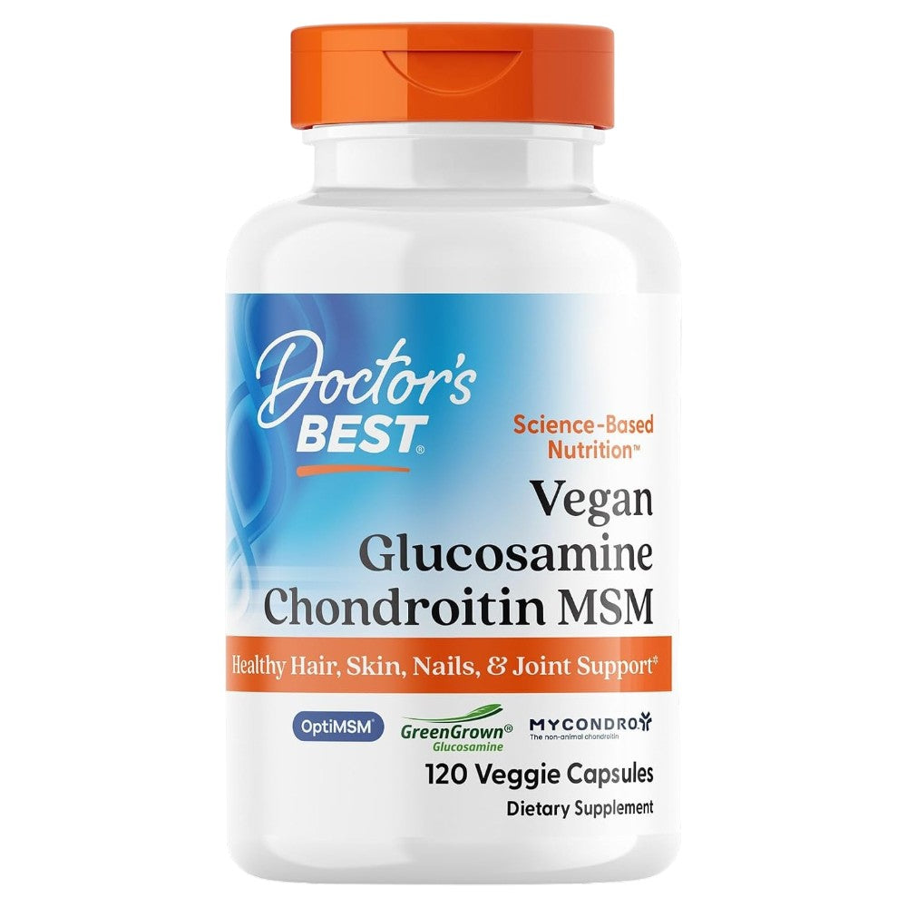 Doctor's Best Vegan Glucosamine Chondroitin MSM, bottle packaging, no flavour, 120 veggie capsules