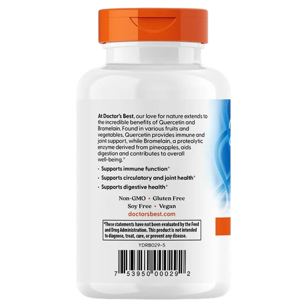 Doctor's Best Quercetin Bromelain, bottle packaging, unflavoured, 500mg quercetin and 250mg bromelain, 180 veggie capsules, barcode