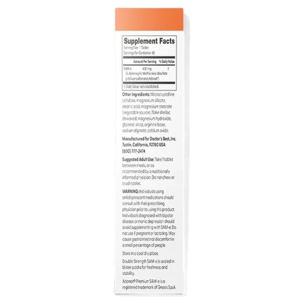Doctor's Best Double-Strength SAM-e, bottle packaging, no flavour, 400mg, 60 enteric-coated tablets, supplement facts and ingredients