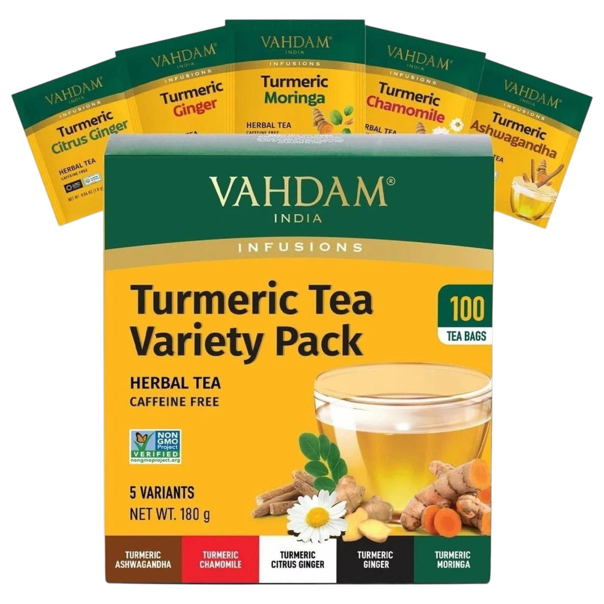 Vahdam India Turmeric Tea Variety Pack, box packaging, herbal tea varieties, 100 tea bags, 180g