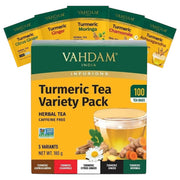 Vahdam India Turmeric Tea Variety Pack, box packaging, herbal tea varieties, 100 tea bags, 180g