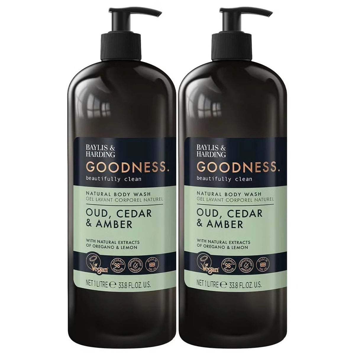 Baylis & Harding Goodness Oud Cedar Amber body wash 1L pump bottles 2 pack front packaging