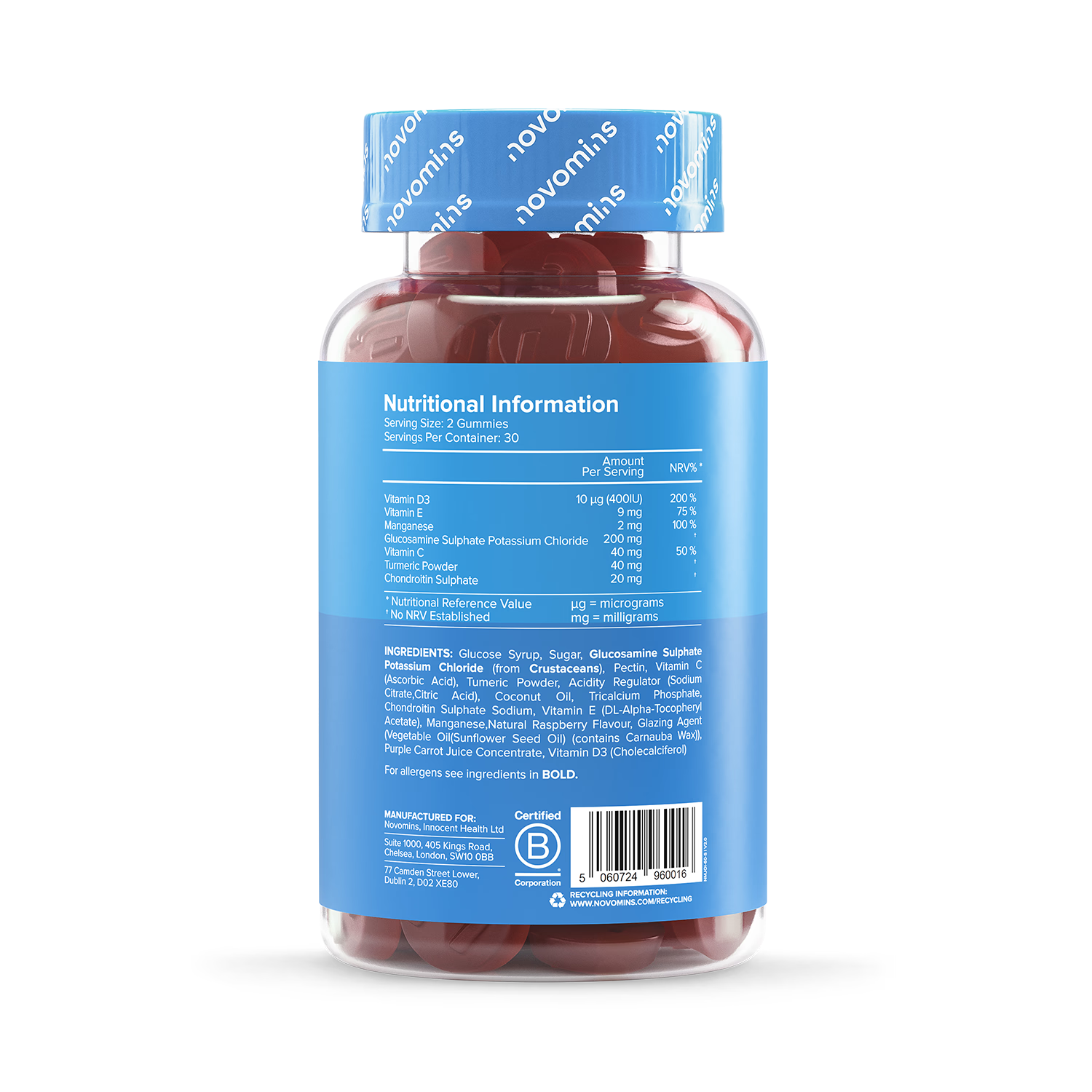 Novomins Joint Gummies Raspberry 60 Count ingredients nutritional label with barcode