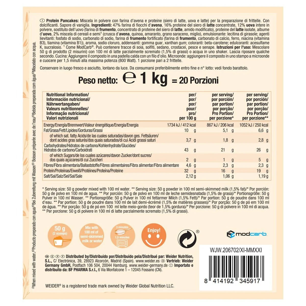 Supplement Facts Image: Weider pancake mix ingredients protein oat flour 1kg & barcode packaging