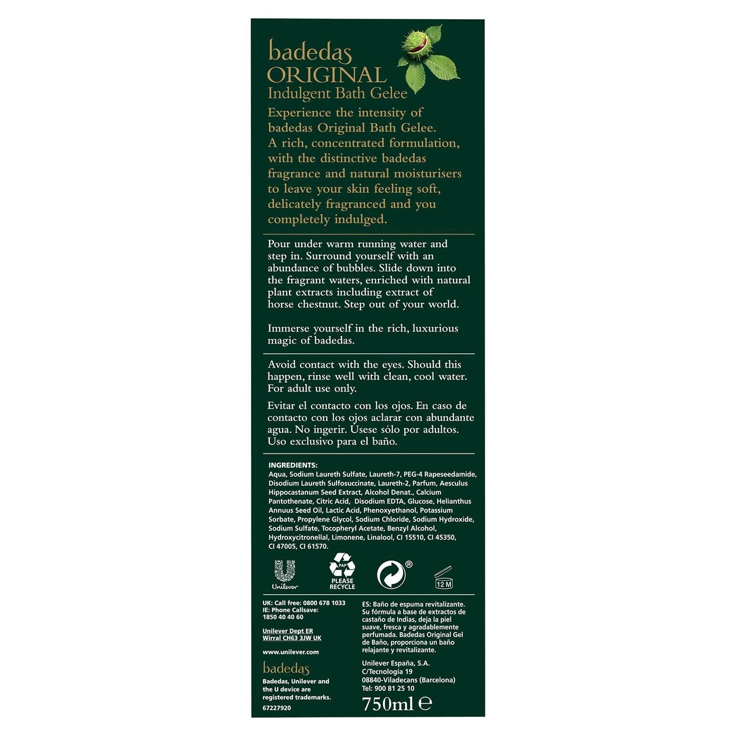 Supplement facts & ingredients image: Badedas bubble bath gelee ingredients label bottle 750ml