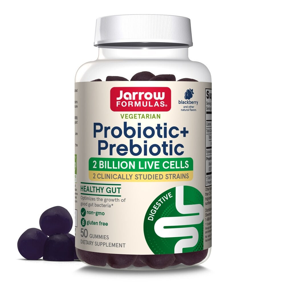 Front Image: Jarrow Formulas probiotic prebiotic gummies blackberry 50 count front packaging bottle
