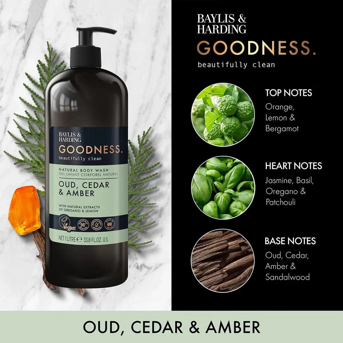 Baylis & Harding Goodness Oud Cedar Amber body wash 1L pump bottles 2 pack ingredients