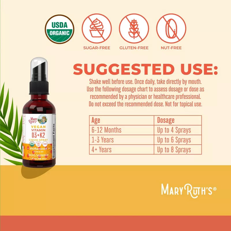 MaryRuth's Vitamin D3 K2 spray 30ml usage instructions daily spray
