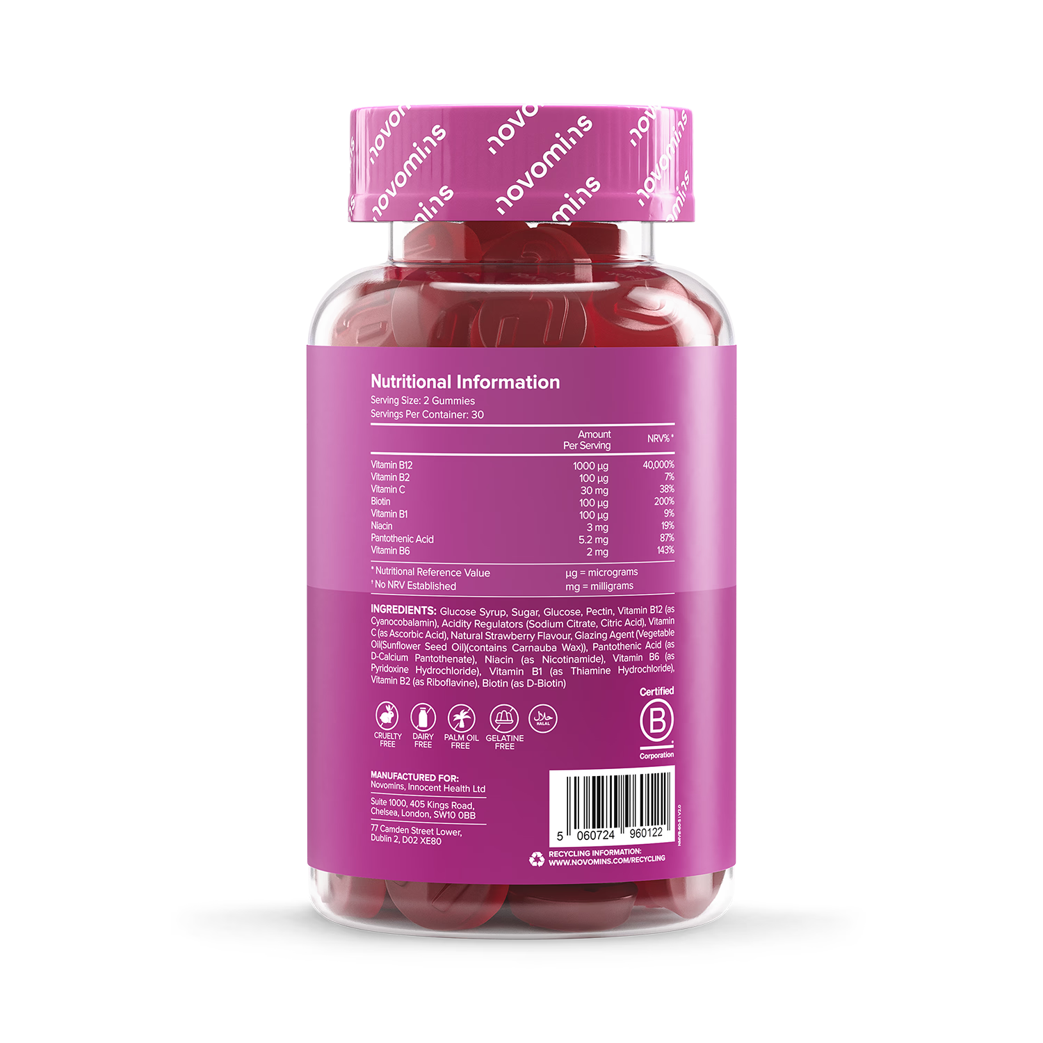 Novomins Vitamin B12 Gummies 1000mcg Strawberry 60 Count ingredients nutritional label with barcode