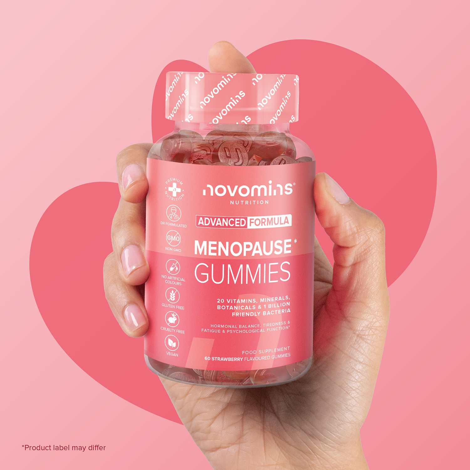 Novomins Menopause Gummies Strawberry 60 Count natural strawberry flavour 2 per day gummies
