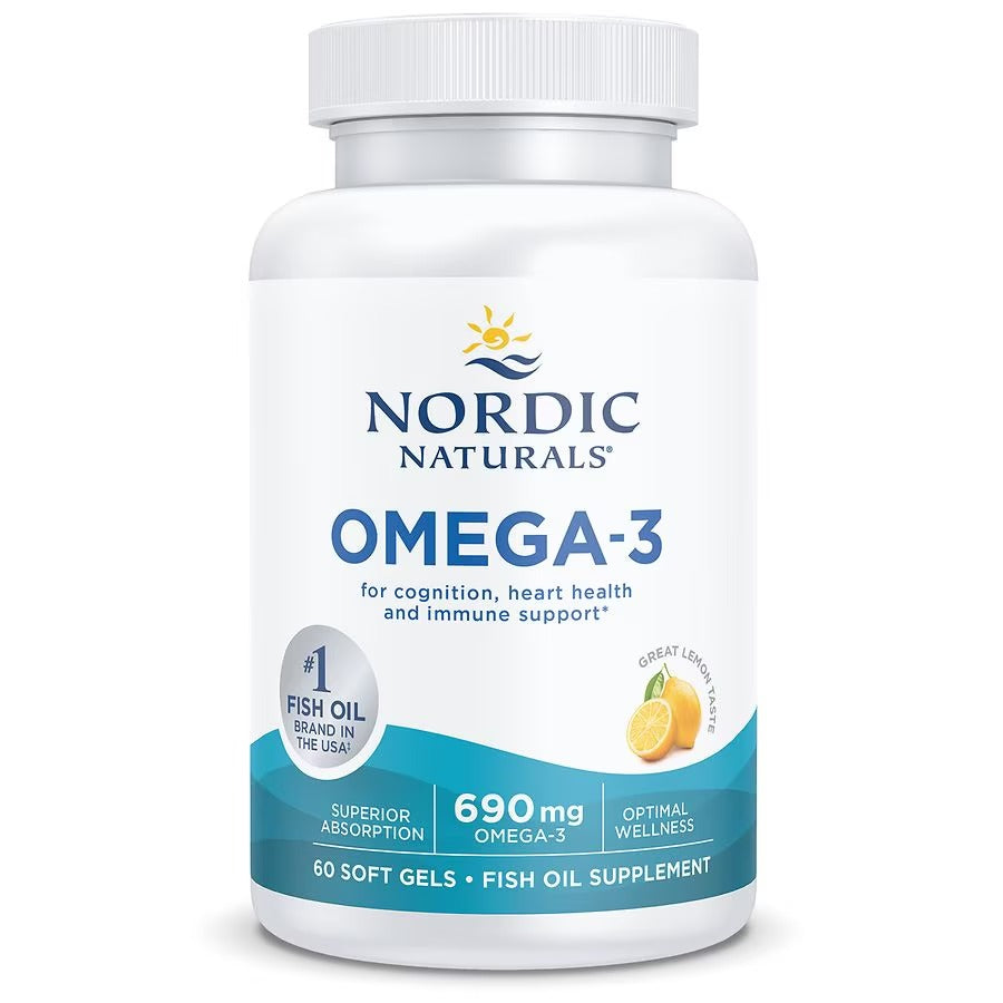 A white plastic bottle of Nordic Naturals Omega-3 fish oil supplement with a white cap, featuring a white label with blue and teal text and graphics.