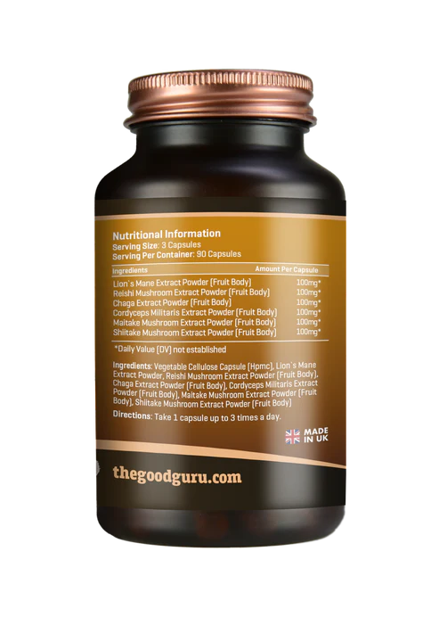Supplement facts label for The Good Guru 6-Mushroom Complex, showing Lion's Mane, Reishi, Chaga, etc., 90 count.