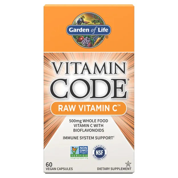 Garden of Life Vitamin Code Raw Vitamin C box, 500mg whole food capsules, vegan supplement.