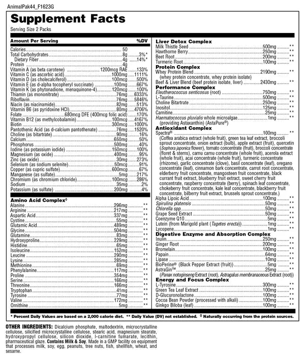 Supplement facts & ingredients image: Animal Pak multivitamin supplement facts ingredients sachet packs 44 count