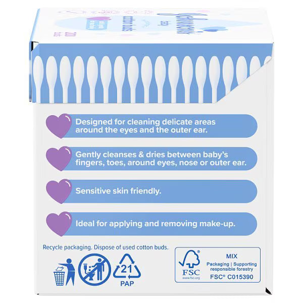 Johnson's Baby Cotton Buds 200 count pure cotton buds back view box packaging