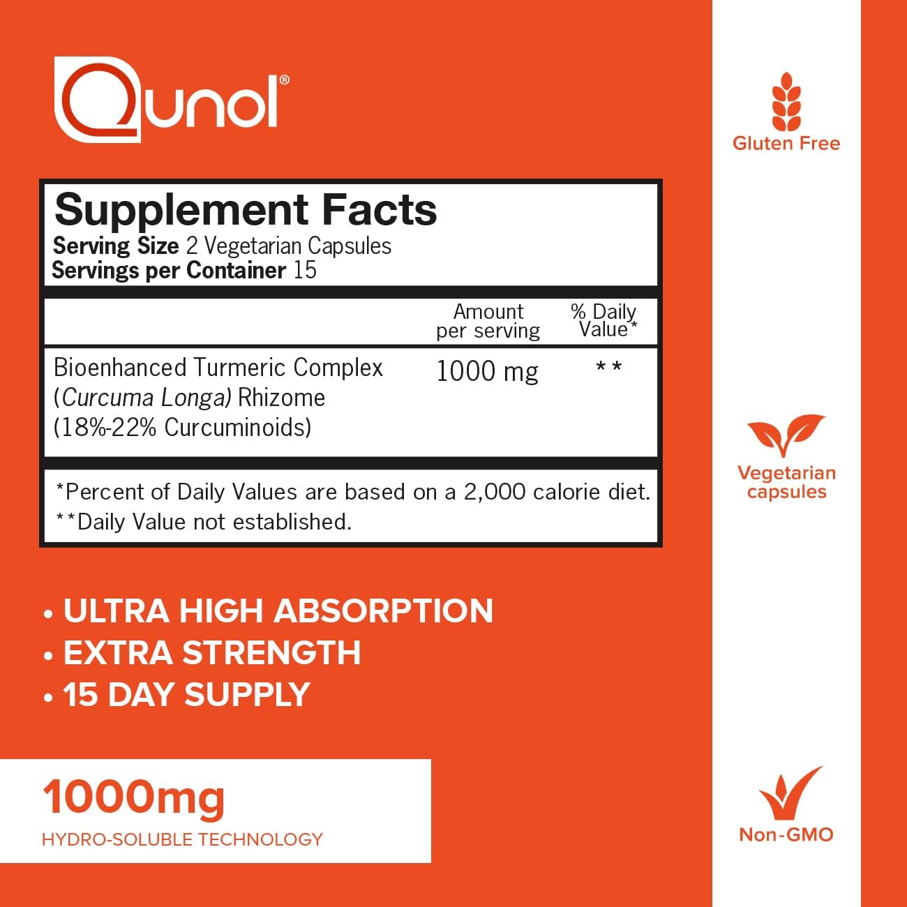 Supplement facts & ingredients image: Qunol Turmeric Curcumin complex supplement facts 1000mg ingredients 30 count