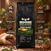 Moose Beans Peru Blend Whole Coffee Beans 1kg packaging showing coffee origin and product information