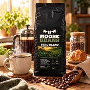 Moose Beans Peru Blend Whole Coffee Beans 1kg brewed in a cafetière or drip filter coffee maker