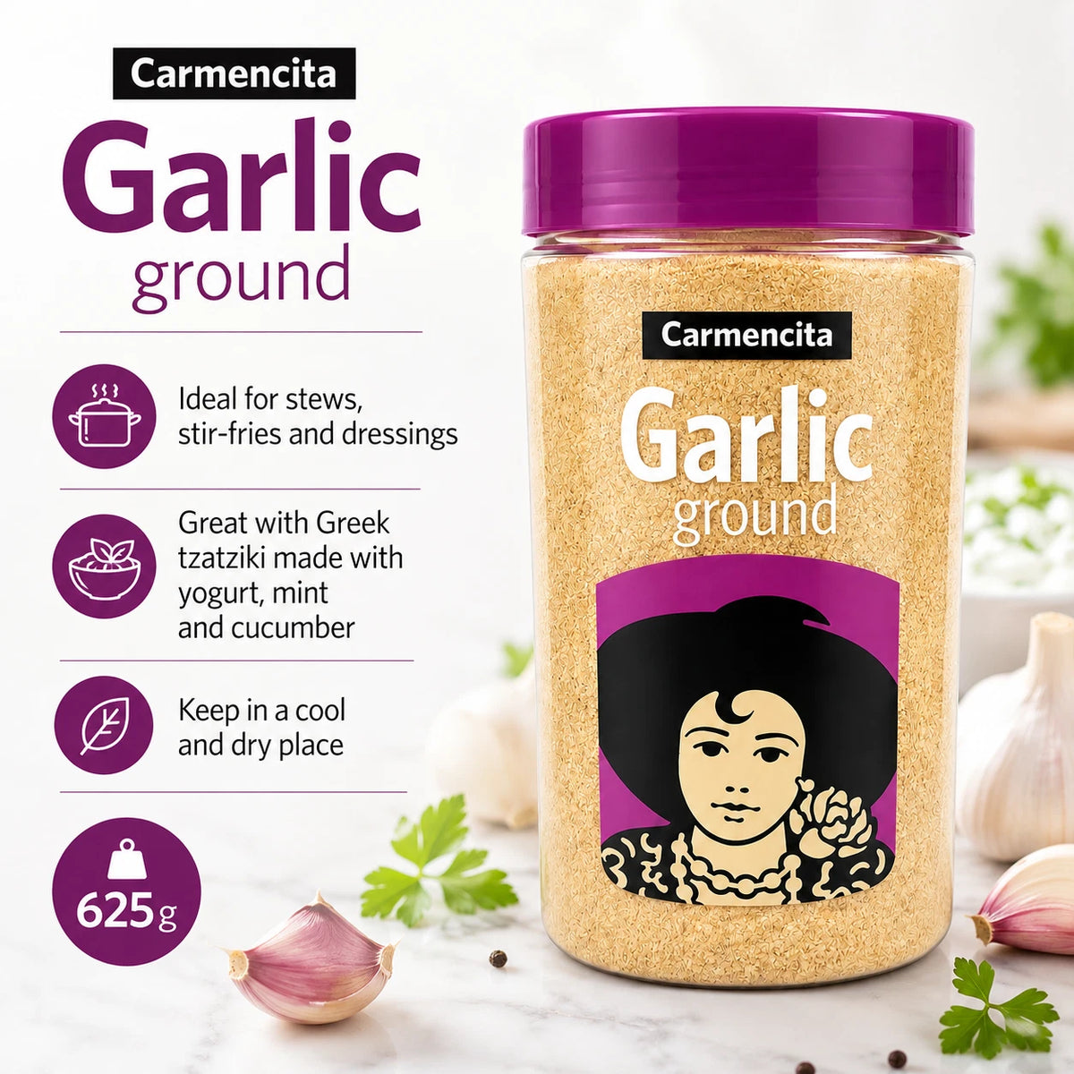 Carmencita Ground Garlic Powder 625g container showing product information