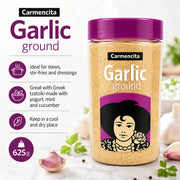 Carmencita Ground Garlic Powder 625g container showing product information