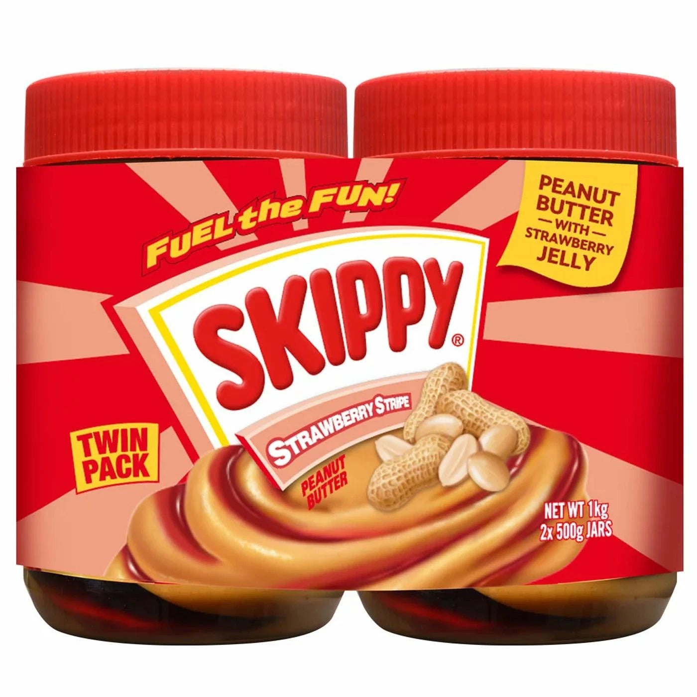 Front image: Skippy strawberry stripe peanut butter and jelly spread jar 2 x 500g twin pack