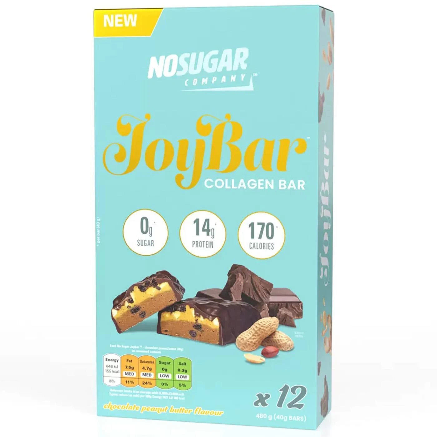 No Sugar Company JoyBar Chocolate Peanut Butter Collagen Bar box 12x40g protein snack bars