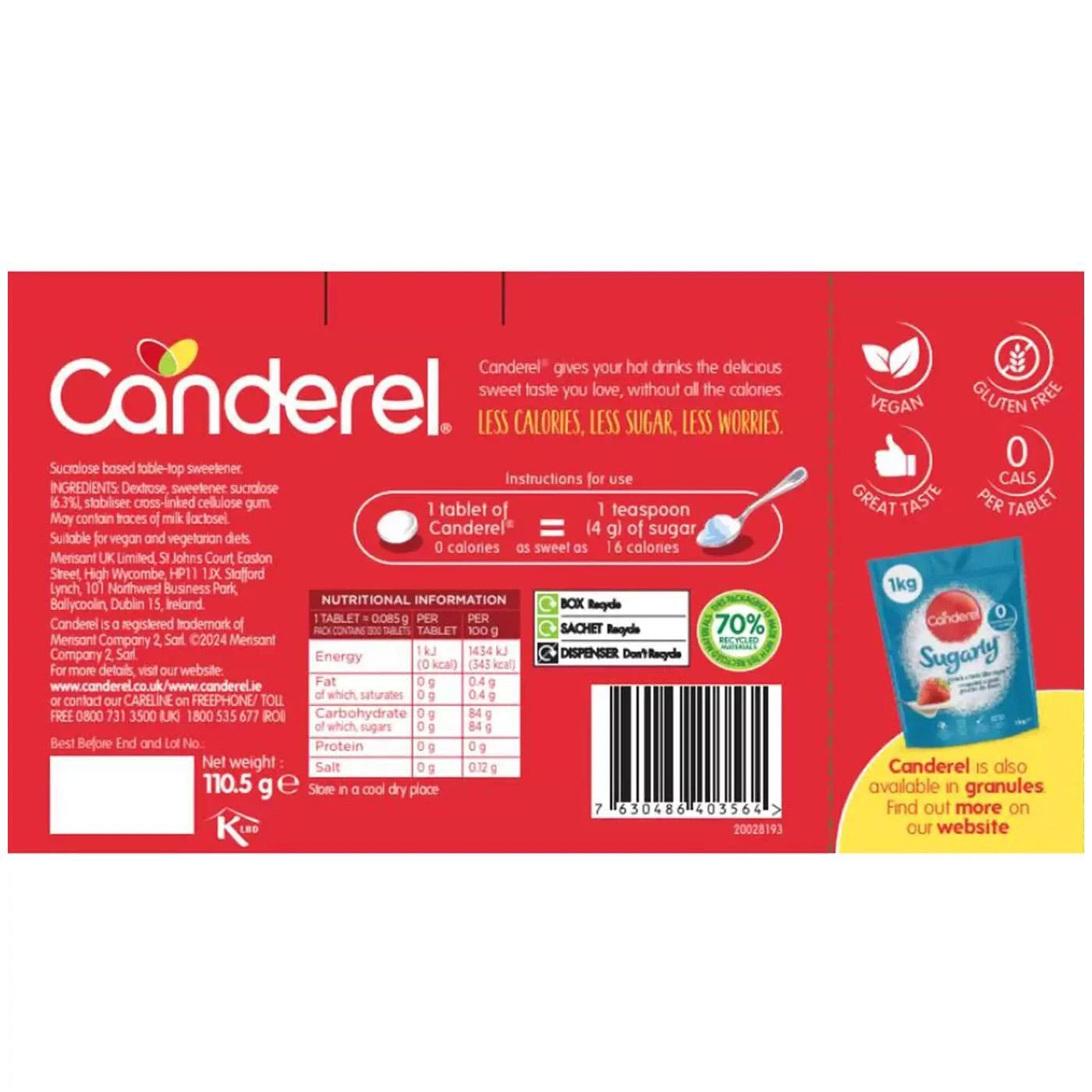 Canderel sweetener tablets dispenser and refill pack 1300 tablets barcode packaging
