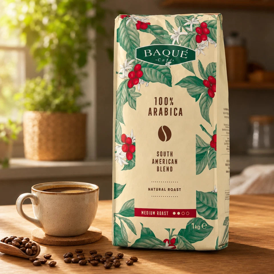Baqué Café 100% Arabica South American Blend Coffee Beans, coffee bag packaging, no flavour, 1kg, whole bean coffee brewing