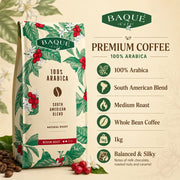 Baqué Café 100% Arabica South American Blend Coffee Beans, coffee bag packaging, no flavour, 1kg, ingredients information