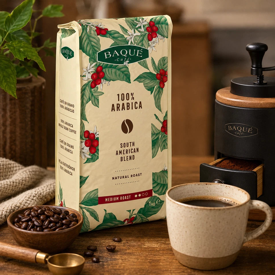 Baqué Café 100% Arabica South American Blend Coffee Beans, coffee bag packaging, no flavour, 1kg, whole bean coffee brewing