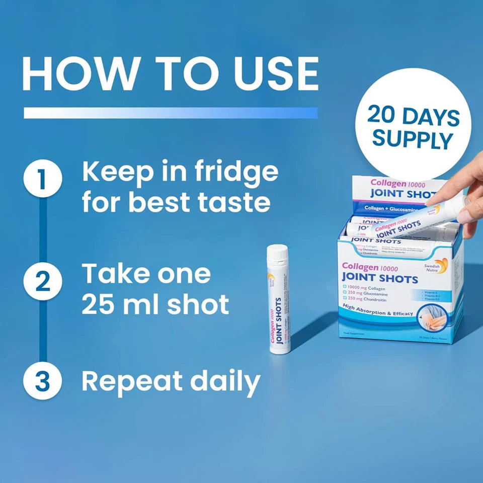 How to Use: Swedish Nutra collagen joint shot 25ml daily serving 20 pack