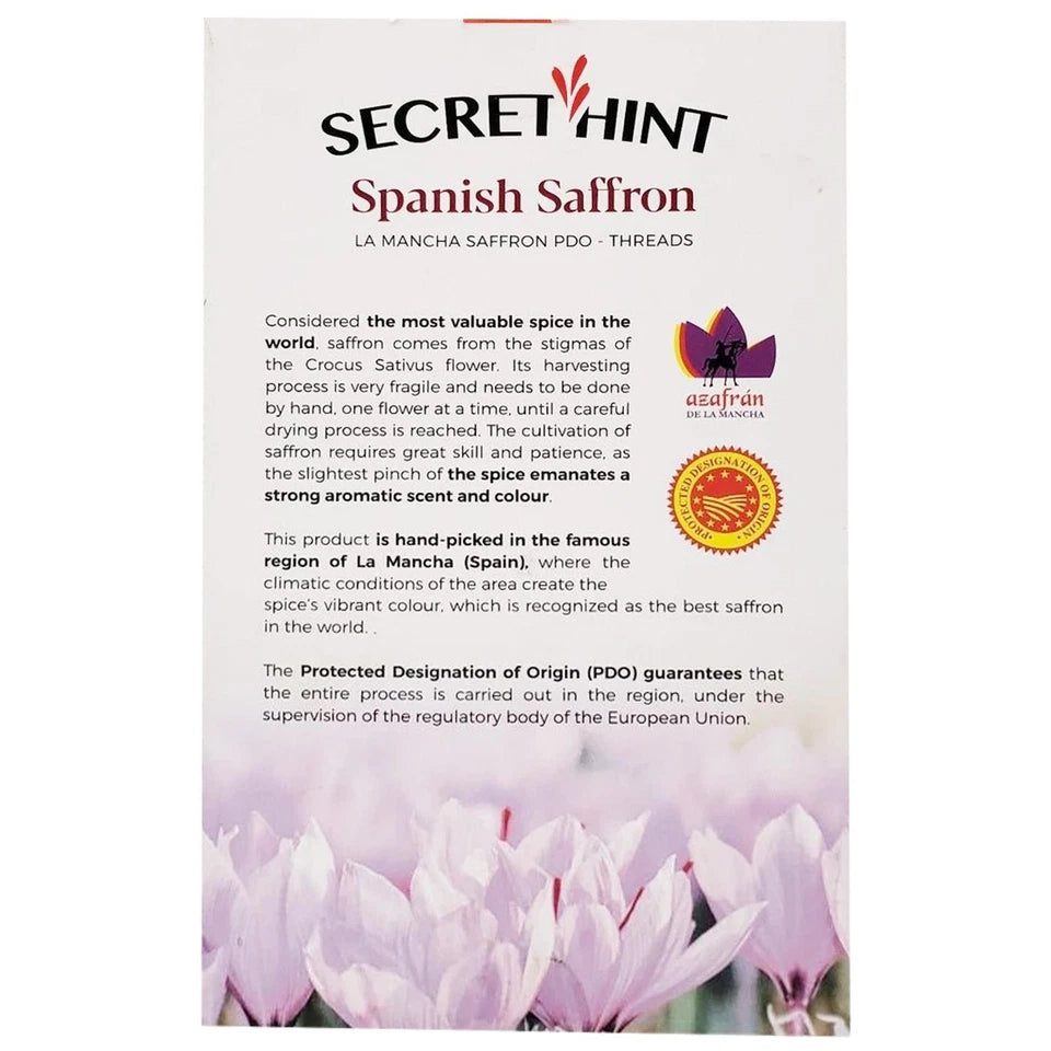 Back image: Secret Hint Spanish Saffron Threads spice box 1g premium saffron