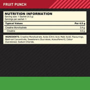 Optimum Nutrition Micronised Creatine Fruit Punch 10 x 4.5g packaging showing ingredients and supplement information