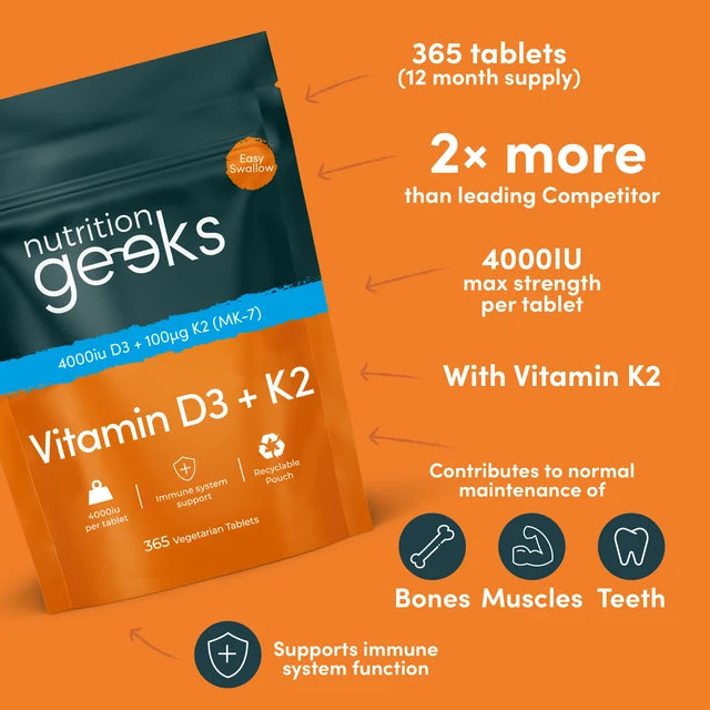 Nutrition Geeks Vitamin D3 + K2 4000IU, vegetarian food supplement tablet packaging, no flavour, 365 tablets, daily vitamin supplement use