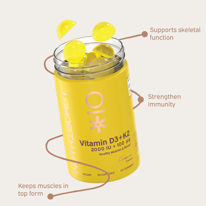 Nutriburst Vegan Vitamin D3 and K2 Gummies bottle, lemon flavour, 60 count.