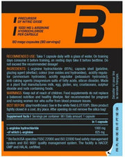 Supplement facts label showing 1000mg L-Arginine HCI per serving.