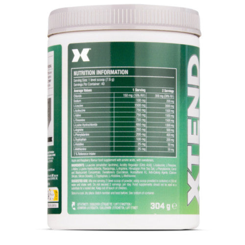 Supplement facts & ingredients image: XTEND EAA Amino Acids Powder Apple & Raspberry supplement facts ingredients tub powder 304g 40 servings