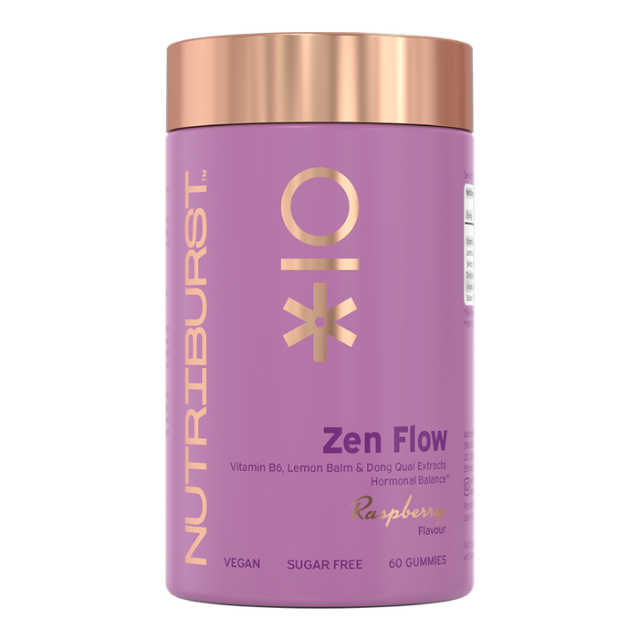 Nutriburst Zen Flo Women's Wellness Gummies bottle, raspberry flavour, 60 count.