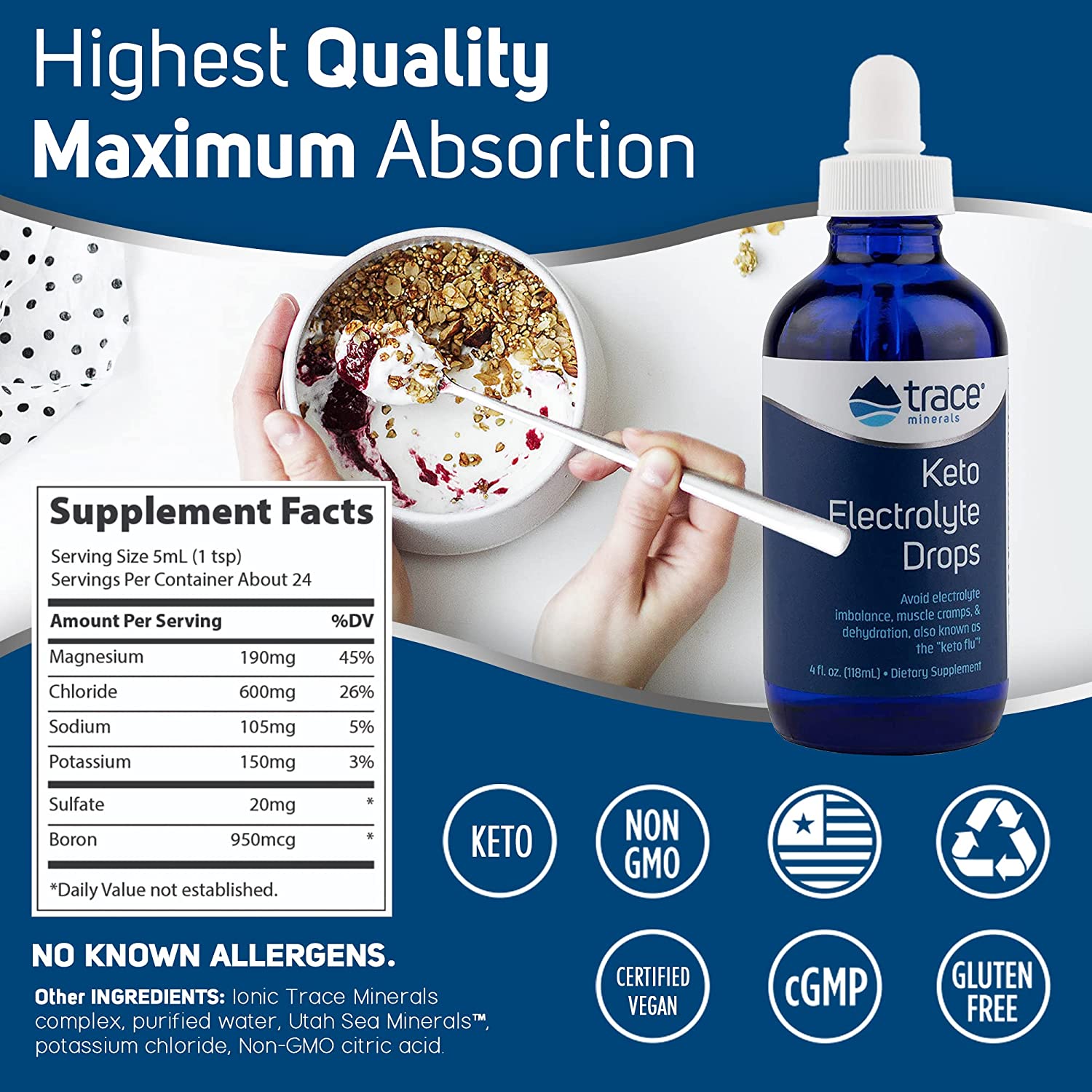 Supplement Facts Image: Trace Minerals Keto Electrolyte supplement facts ingredients liquid bottle 118ml